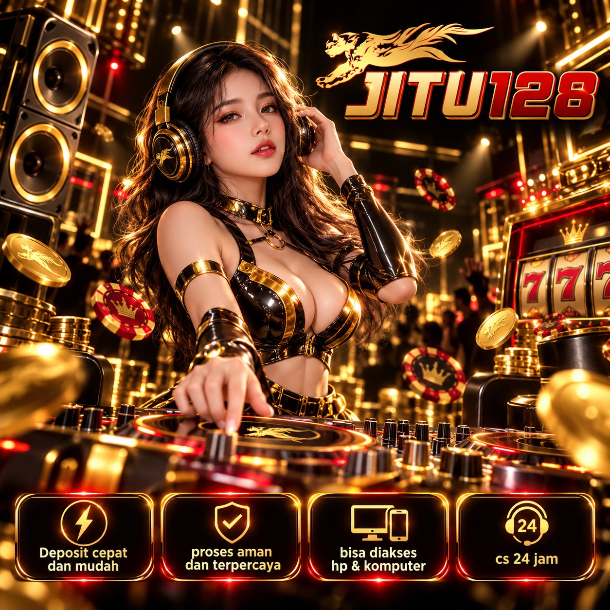 Poster JITU128 dengan tokoh berbusana emas, kipas, dan ilustrasi game pada ponsel
